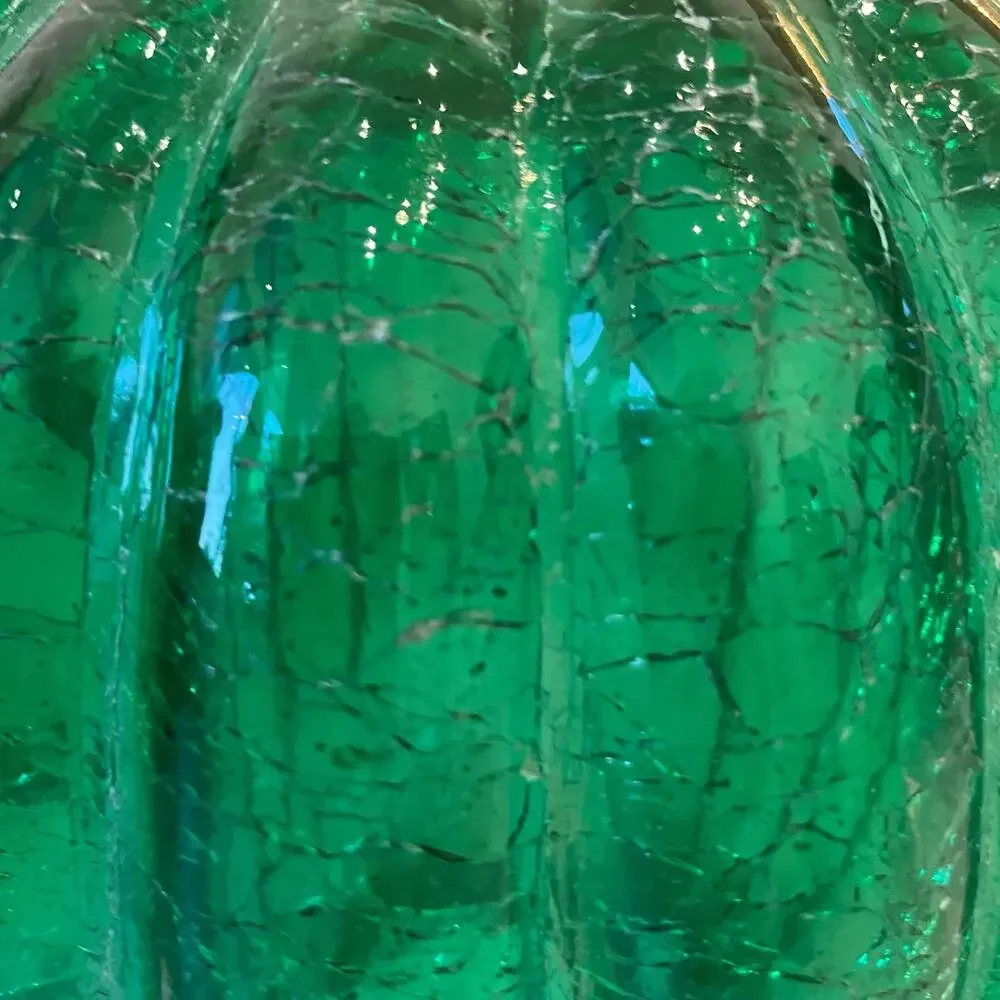 Illuminated LED Green Glass Pumpkin Gold Metal Stem 12.5